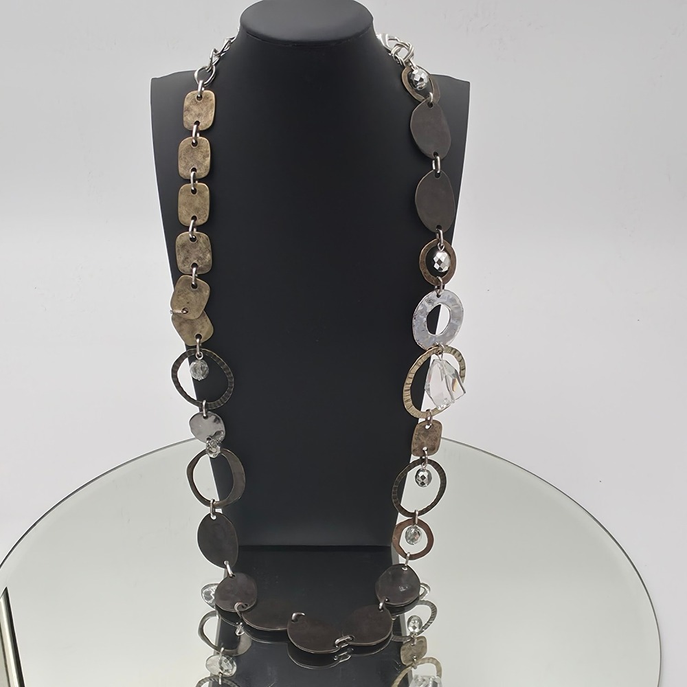 Chico's Long Mixed Metal Statement Necklace Womens Multi Good Hammered Crystal